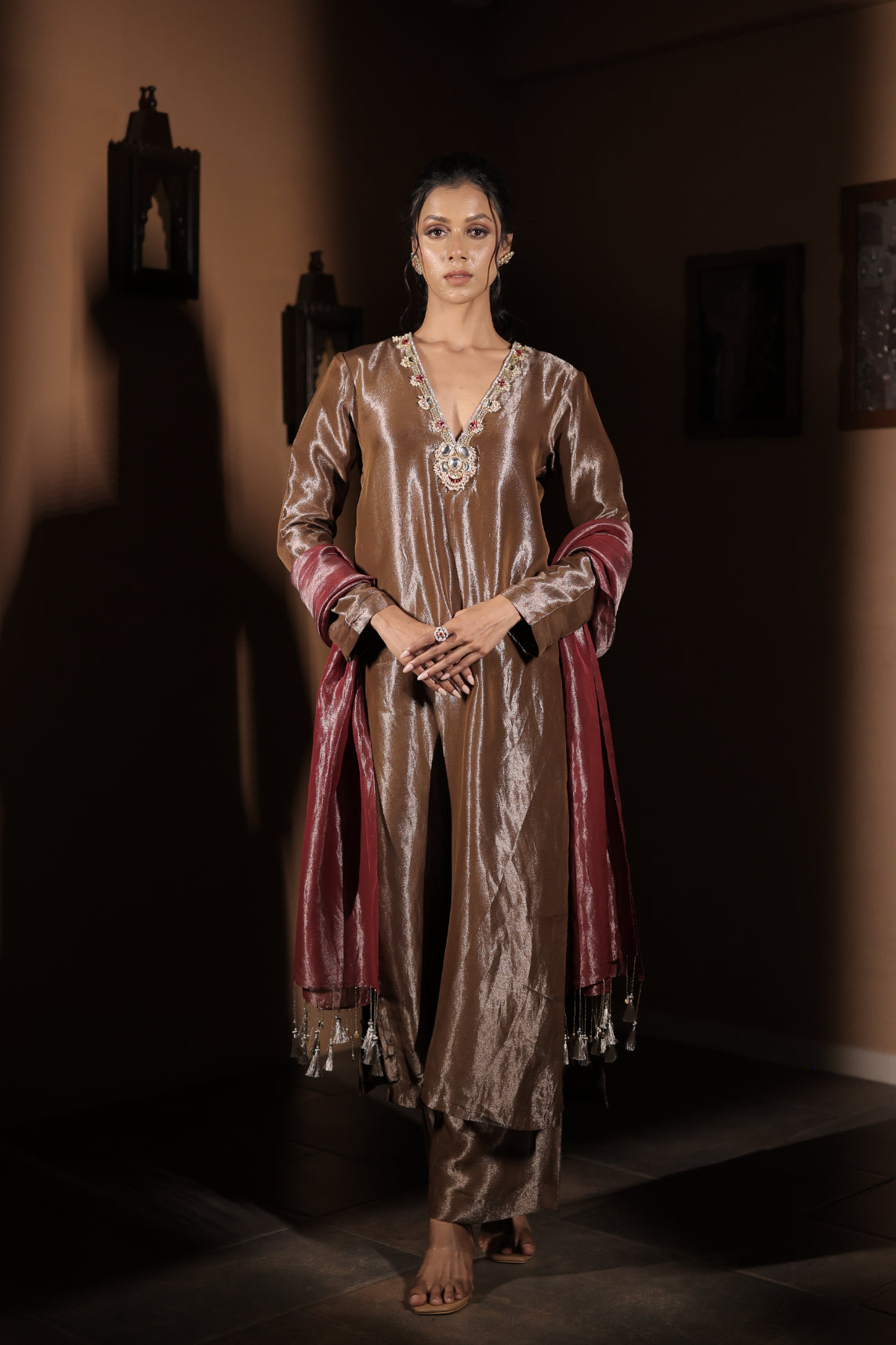 Deep Bronze Tissue Hand Embellished Kurta Set