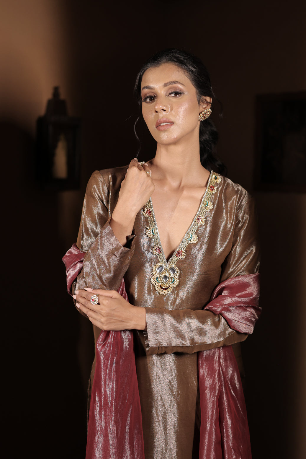 Deep Bronze Tissue Hand Embellished Kurta Set