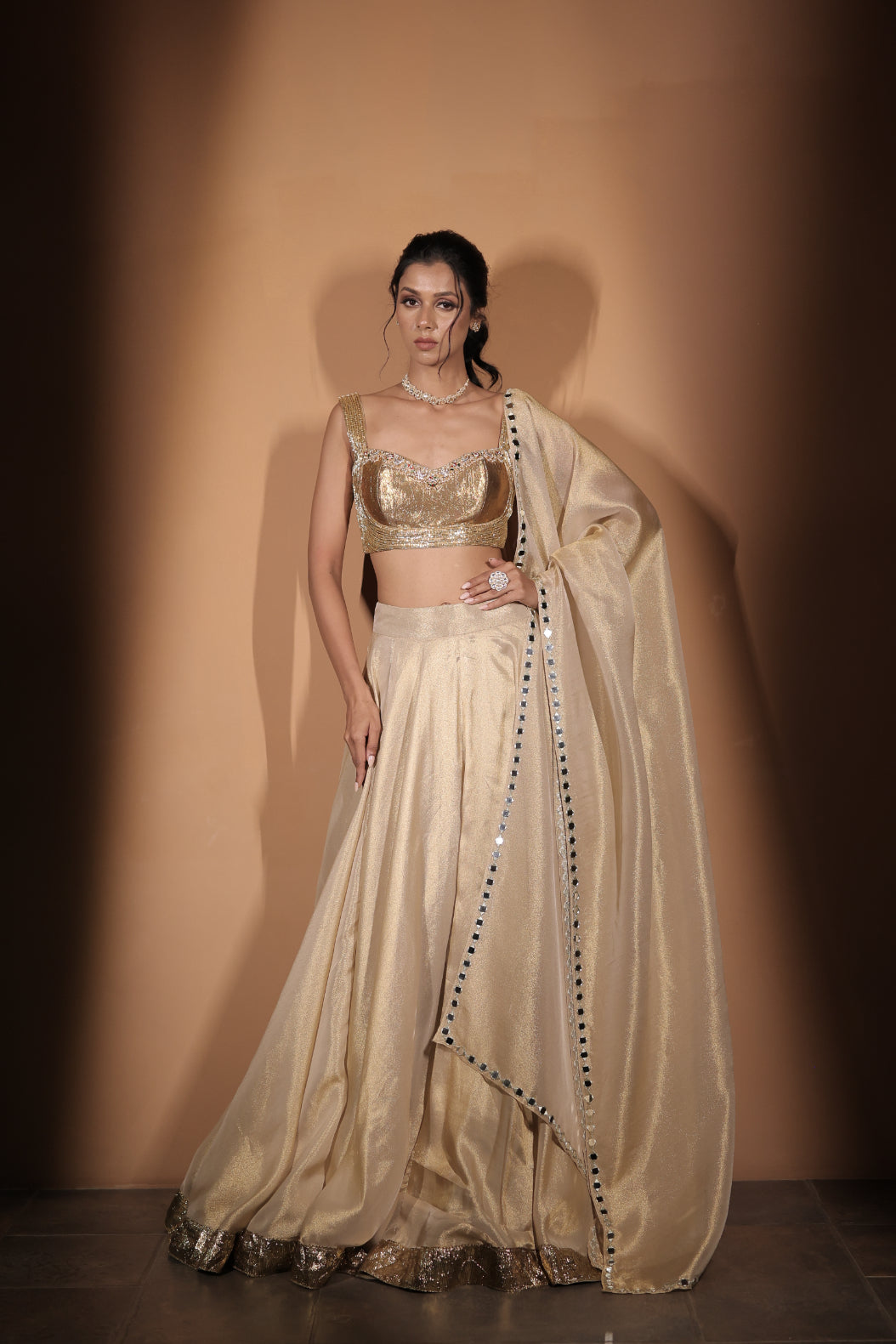 Ivory Gold Tissue Sequins Work Lehenga Set