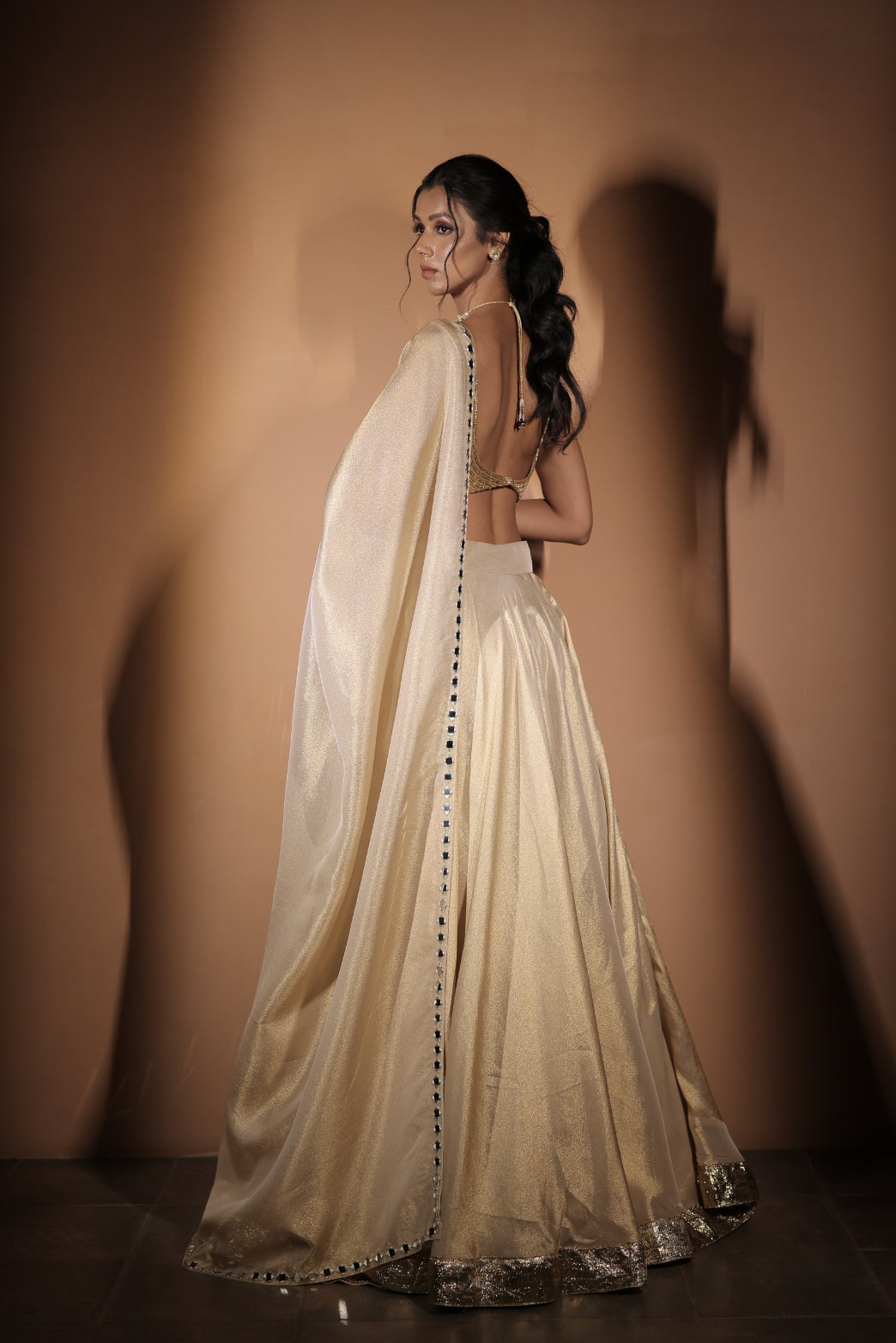 Ivory Gold Tissue Sequins Work Lehenga Set