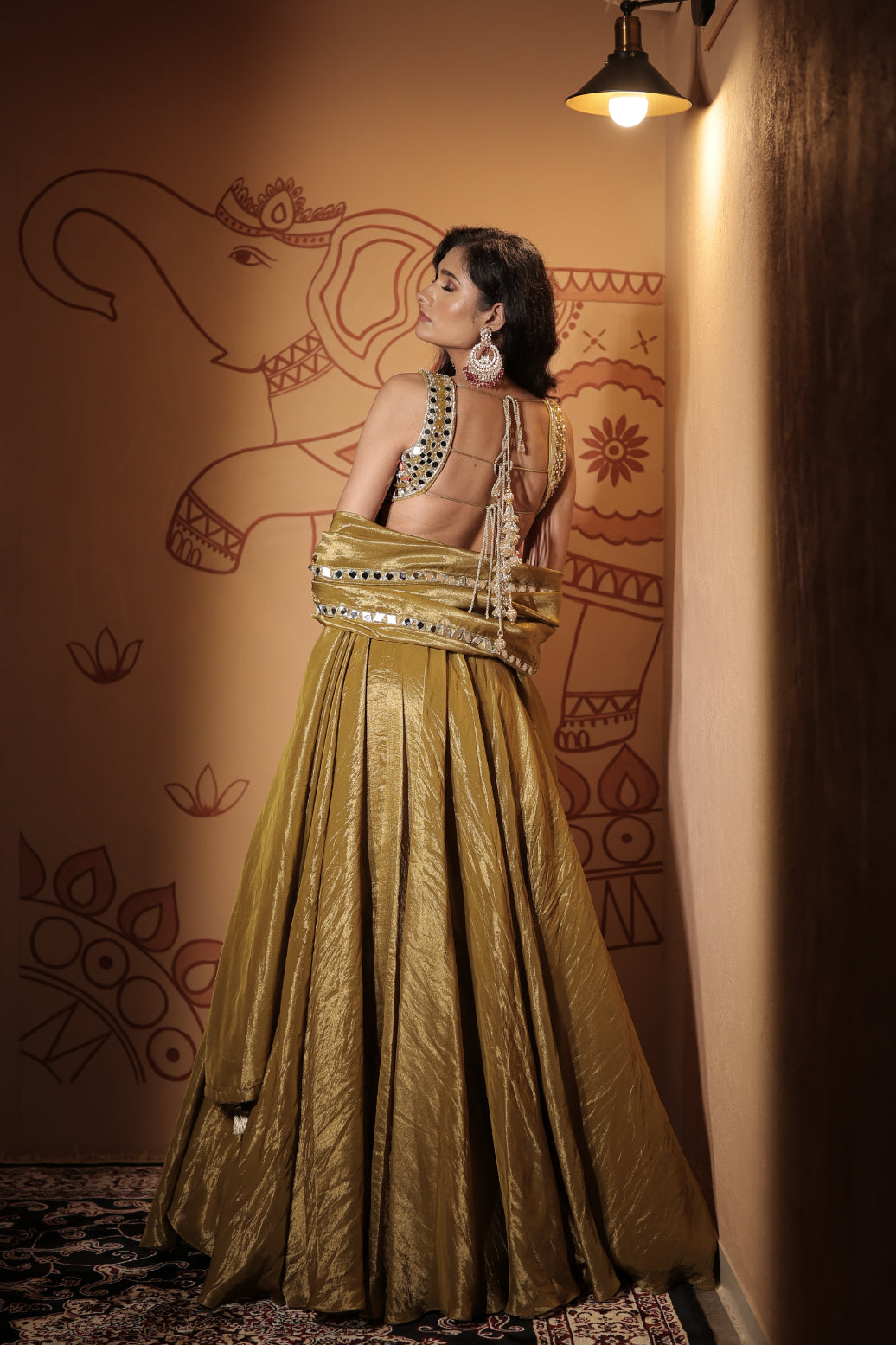 Moss Gold Tissue Mirror Embellished Lehenga Set