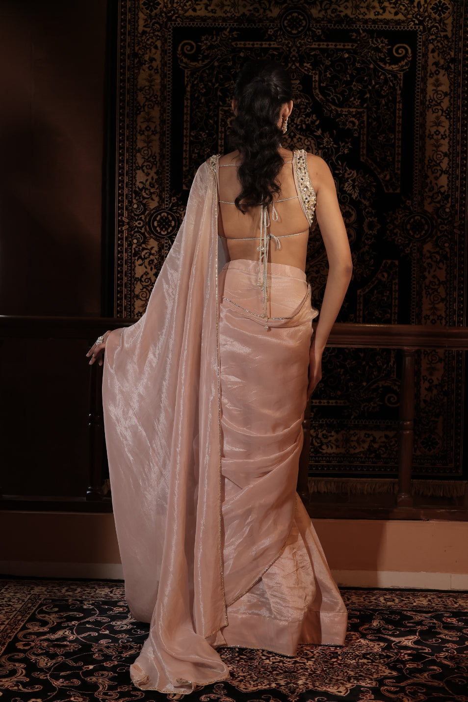 Blush Pink Tissue Mirror Embellished Saree Set