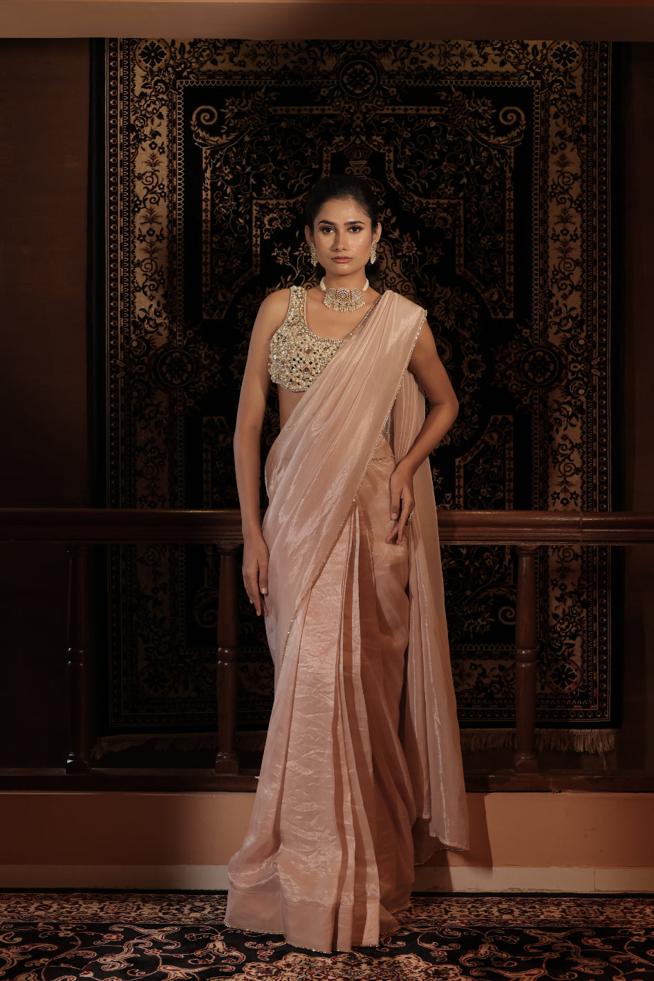 Blush Pink Tissue Mirror Embellished Saree Set