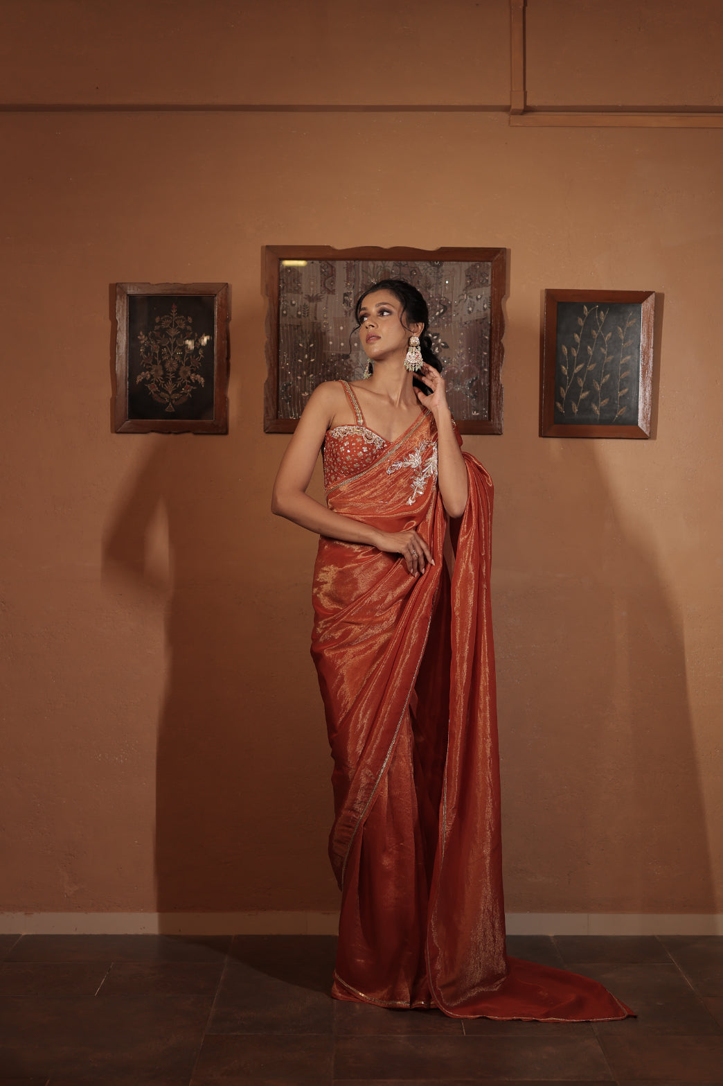 Rust Tissue Floral Embroidered Saree Set
