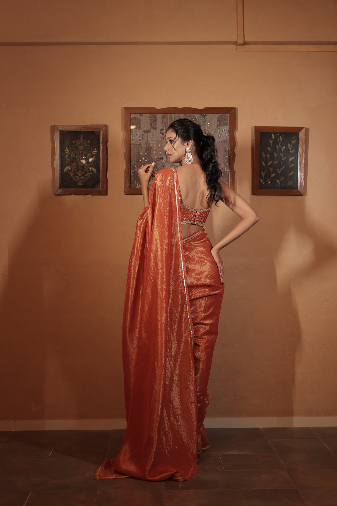 Rust Tissue Floral Embroidered Saree Set