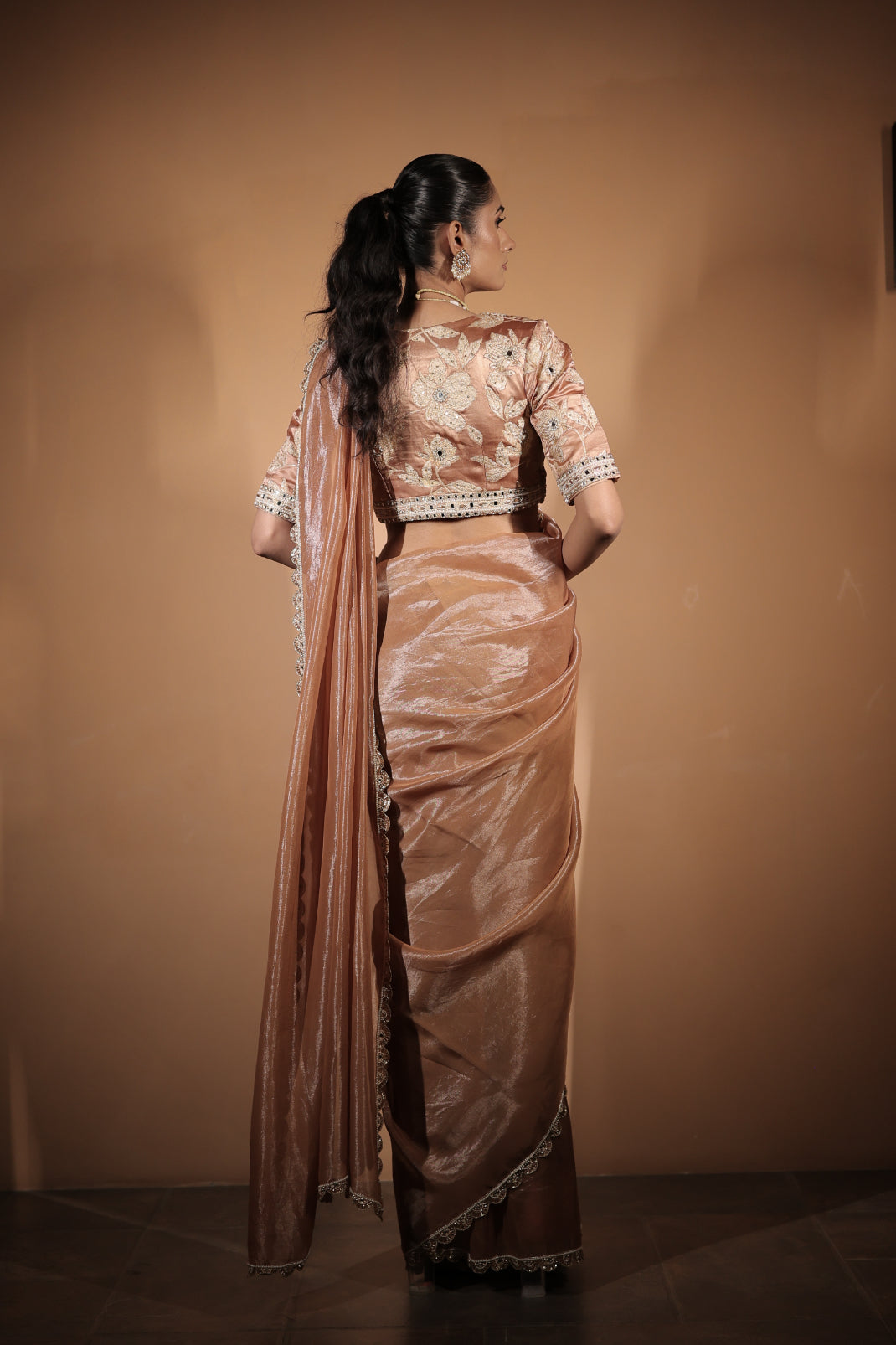 Rose Gold Tissue & Silk Zardosi Embroidered Saree Set