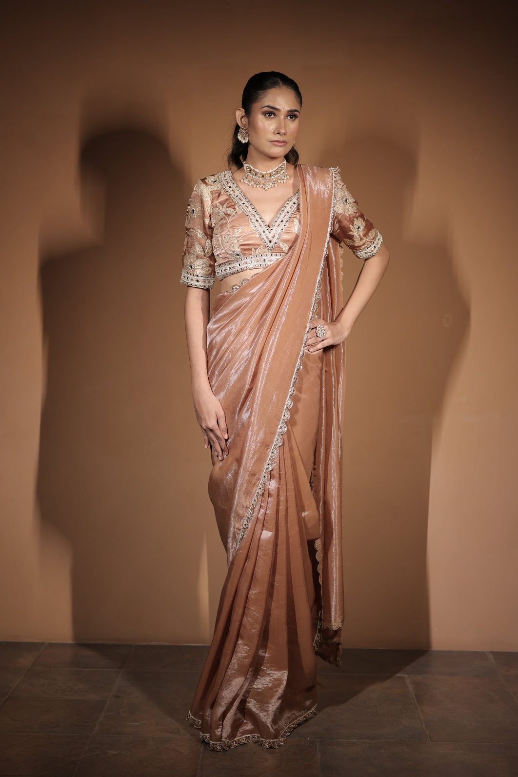 Rose Gold Tissue & Silk Zardosi Embroidered Saree Set