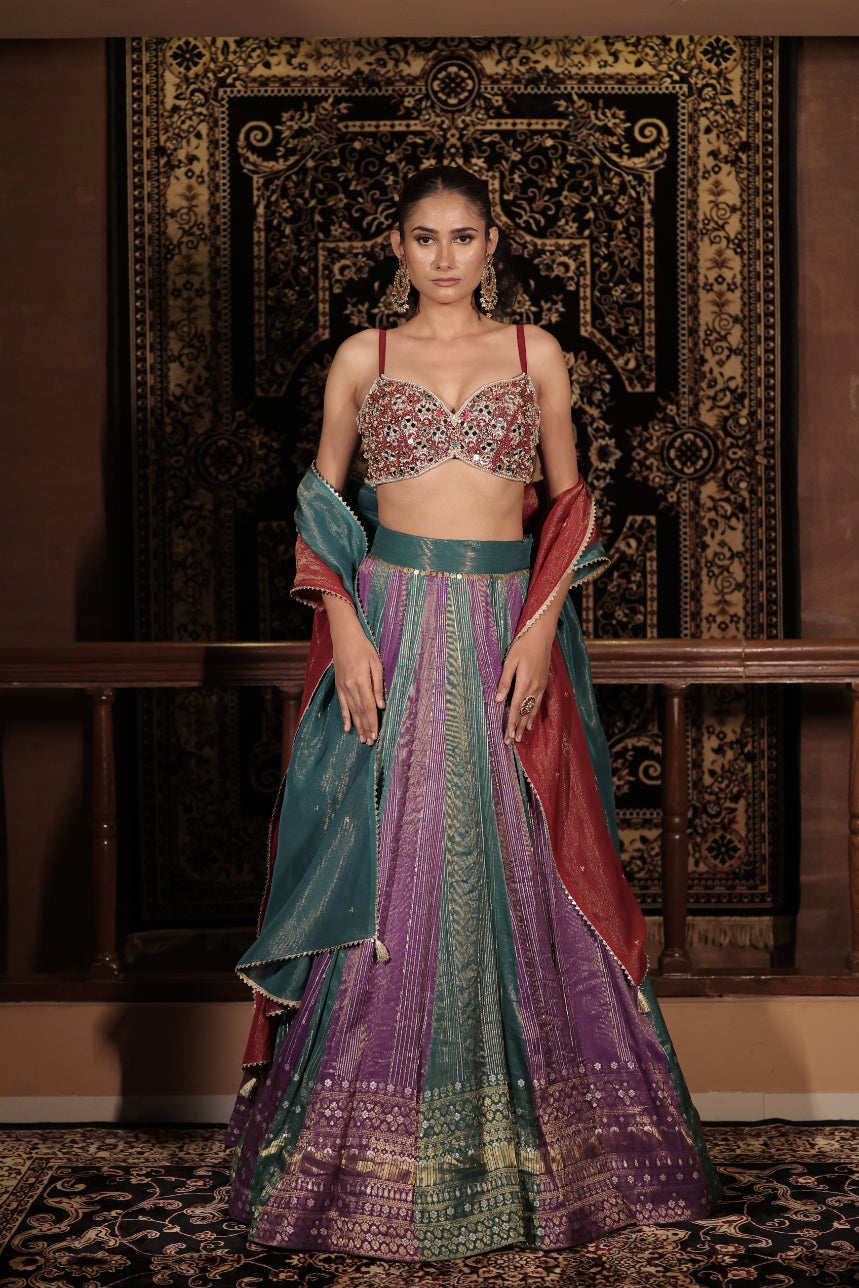Multi-Colored Banarasi Silk Mirror Embellished Lehenga Set