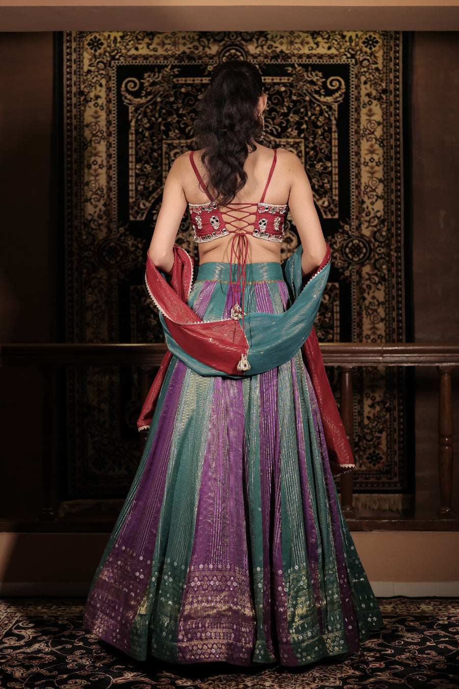 Multi-Colored Banarasi Silk Mirror Embellished Lehenga Set