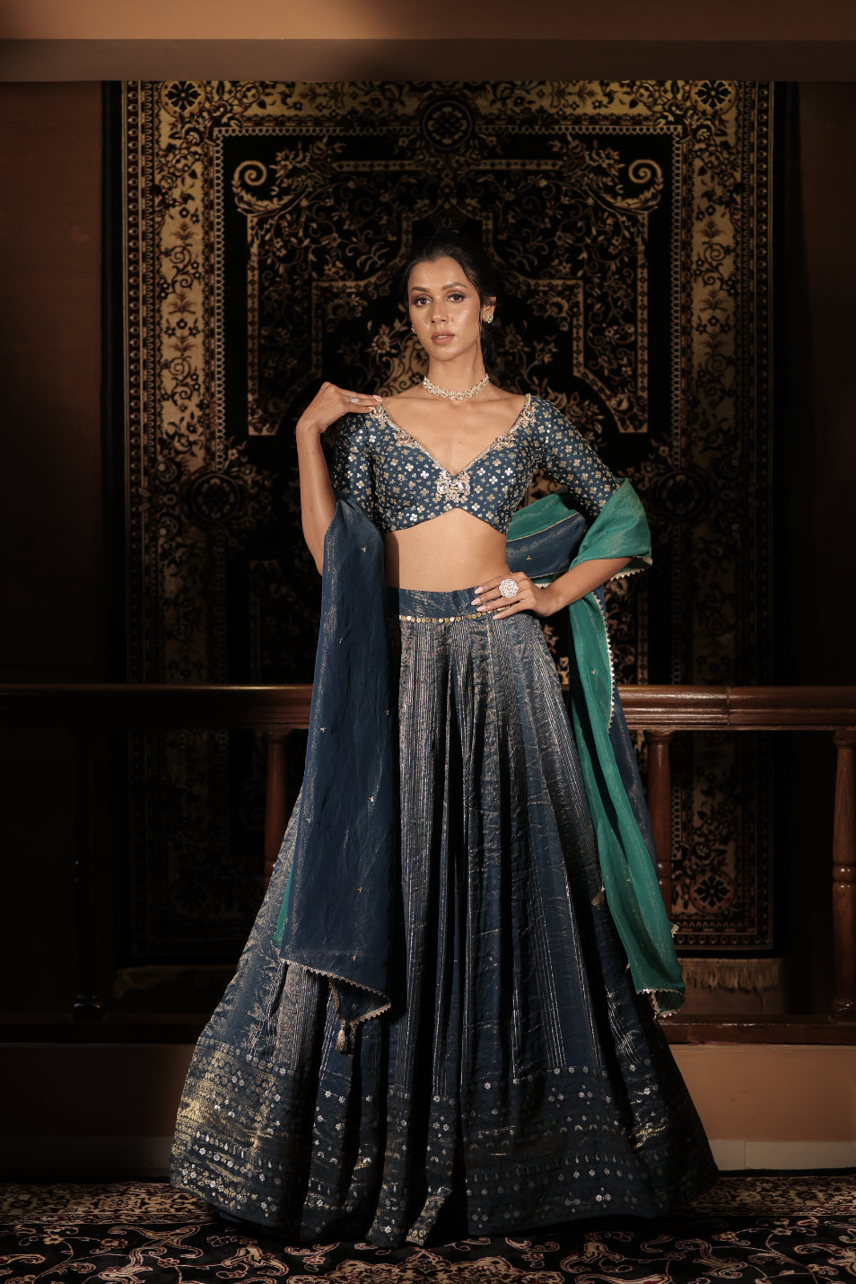 Midnight Teal Banarasi Sequins Embellished Lehenga Set