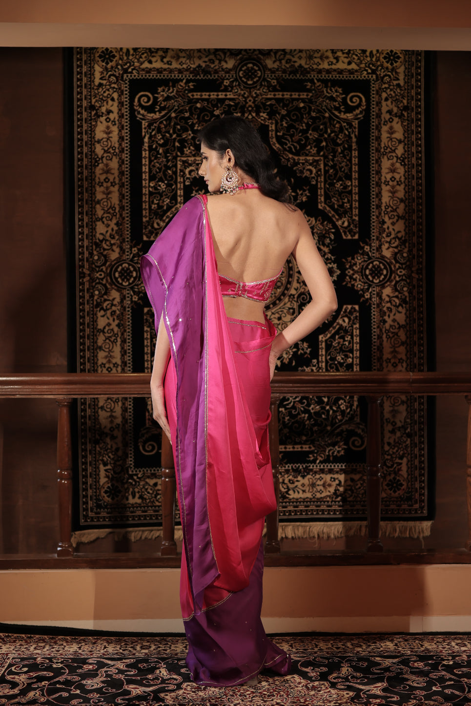 Pink Organza Satin Pita Work Saree Set