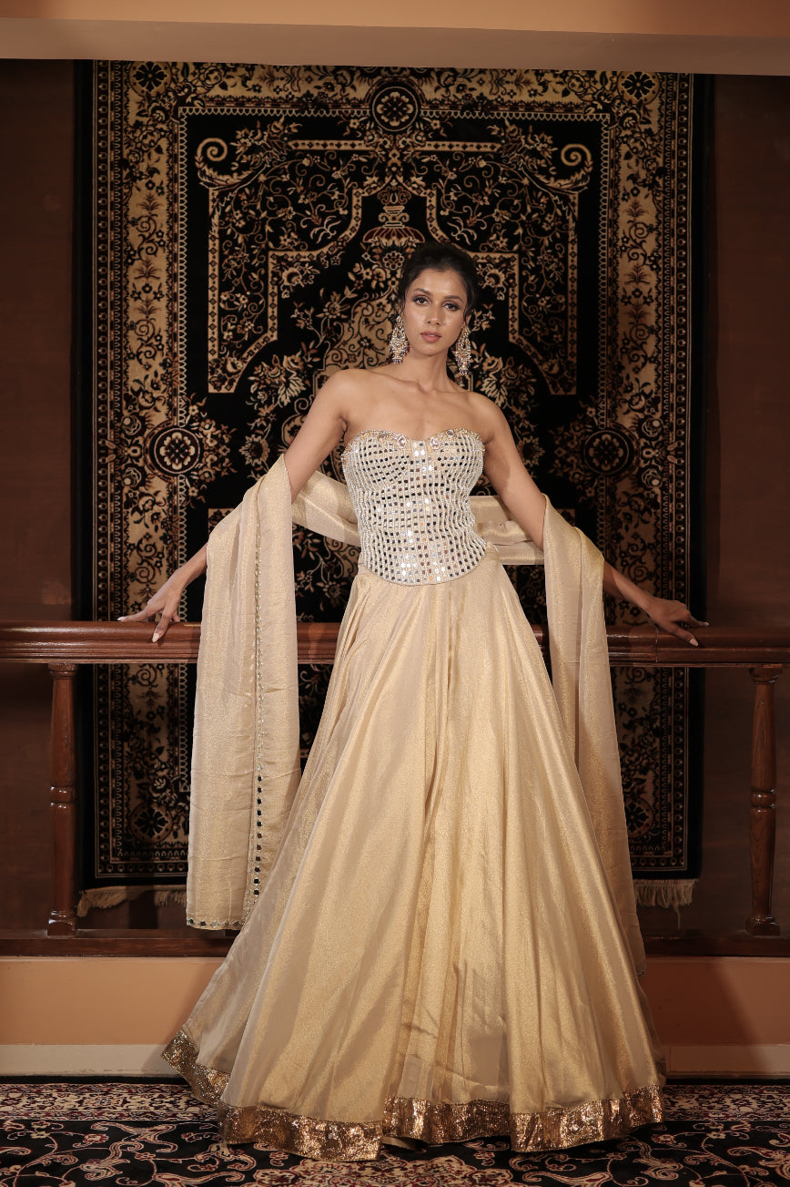 Champagne Gold Tissue Mirror Embellished Lehenga Set