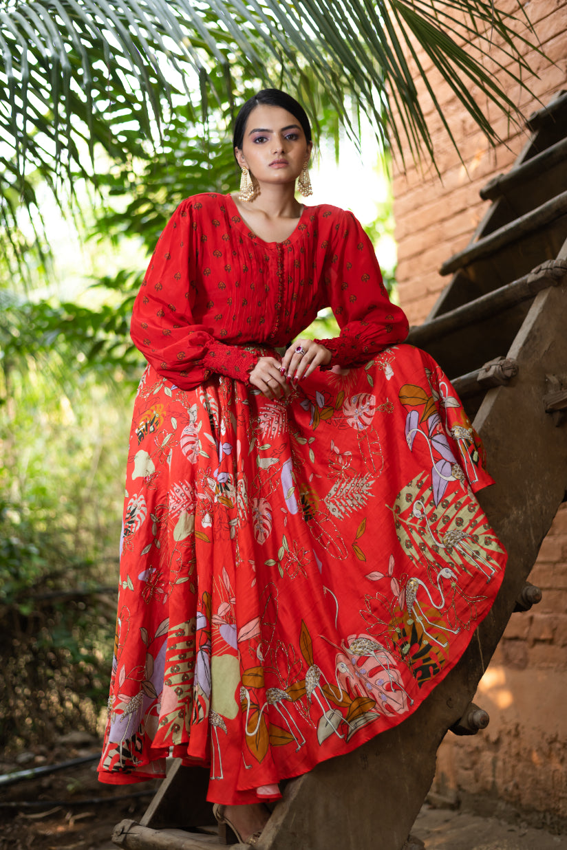 Red Embroidered Skirt Set