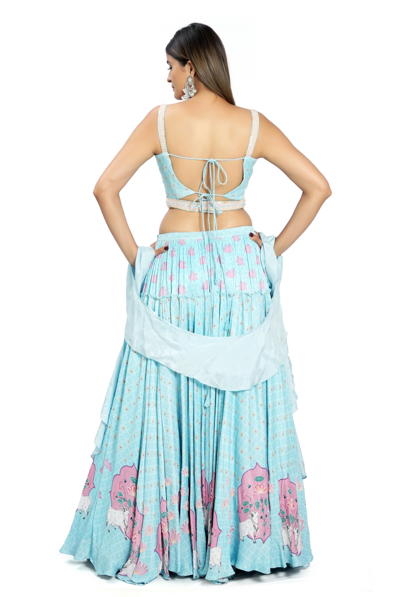 Sky Blue Embroidered & Printed Lehenga Set