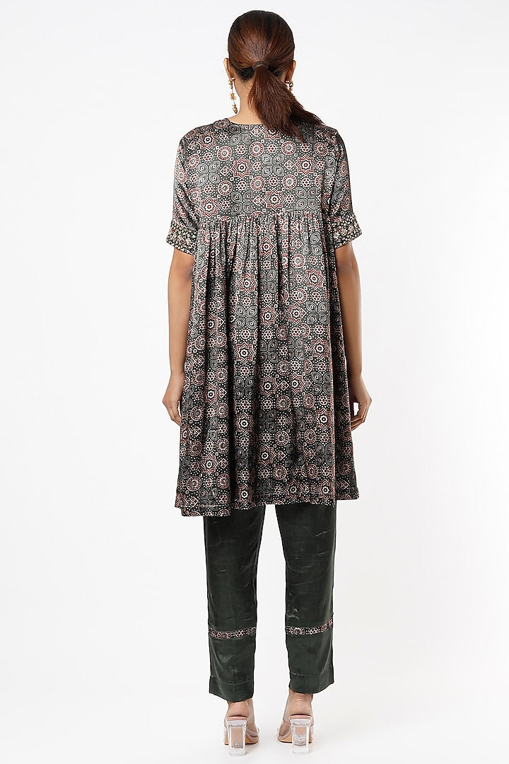 Teal Green Satin Hand Embroidered Angrakha Kurta Set