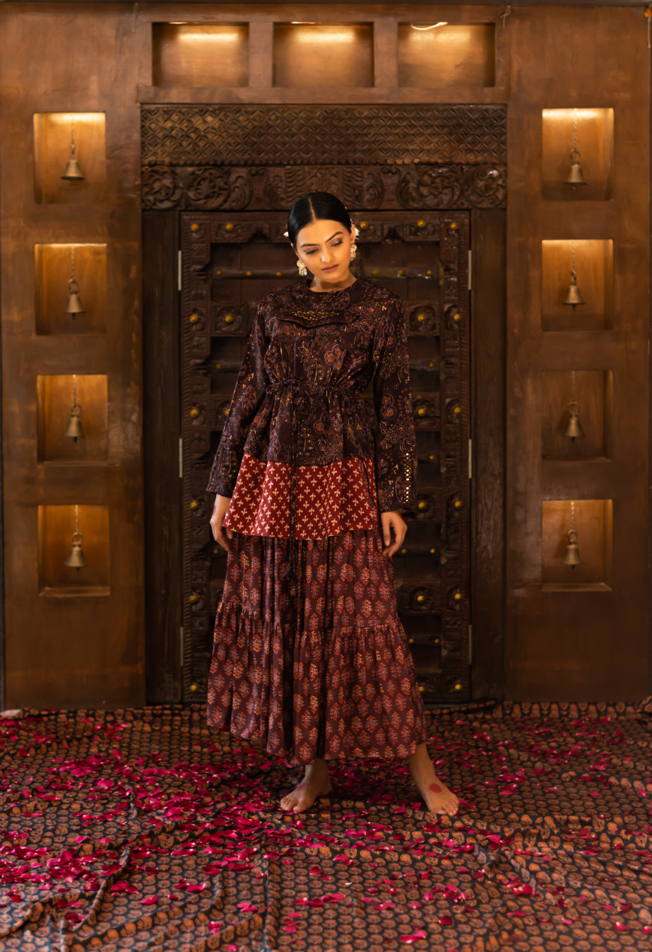 Wine Satin Printed Skirt Set