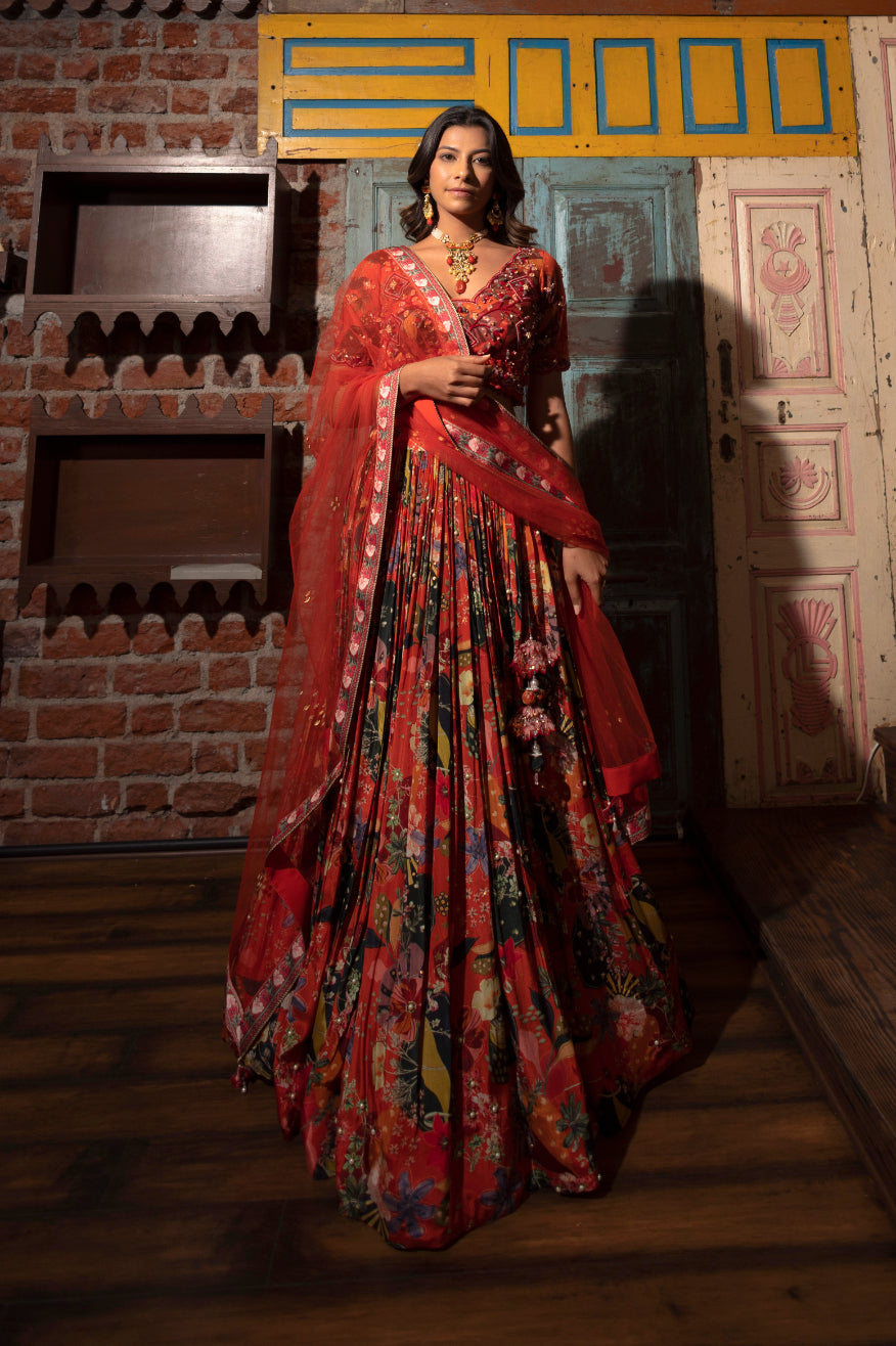 Rust Viscose Hand Crafted Lehenga Set