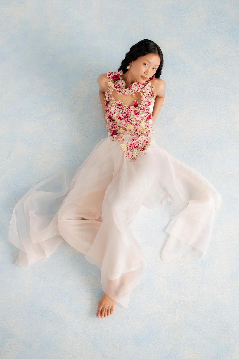 Embroidered Top With Organza Panelled Pants
