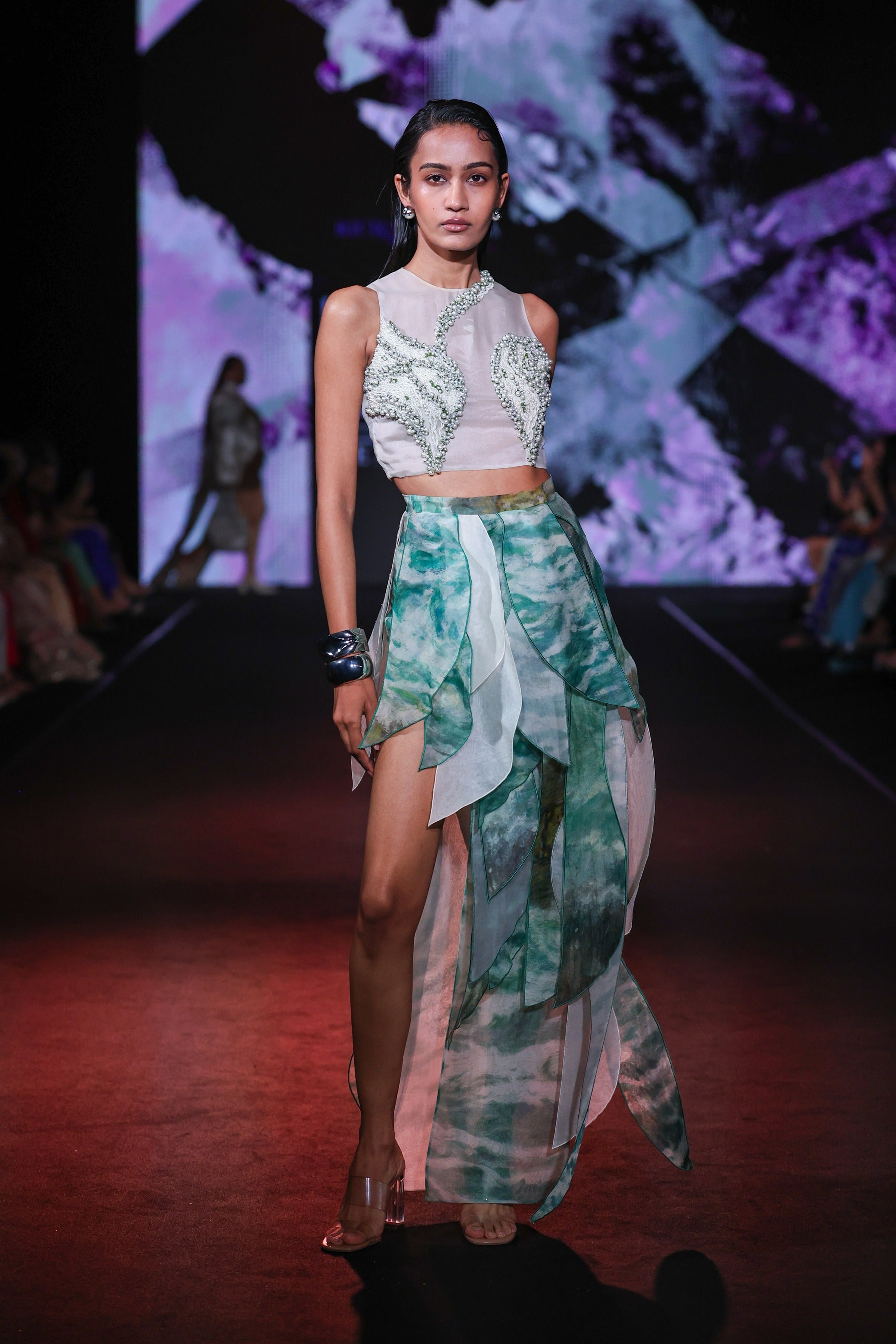 Organza Top With Printed Ruffle Skirt