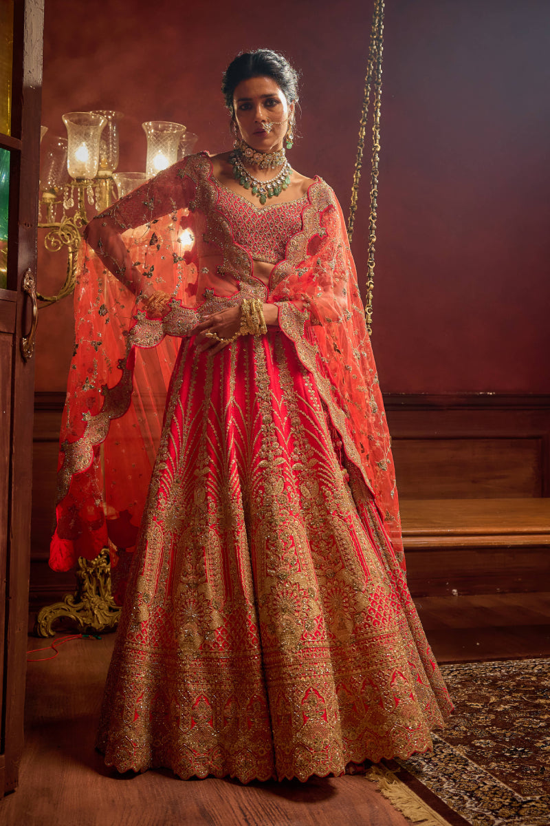 Rani Pink Raw Silk Hand & Machine Embroidered Lehenga Set