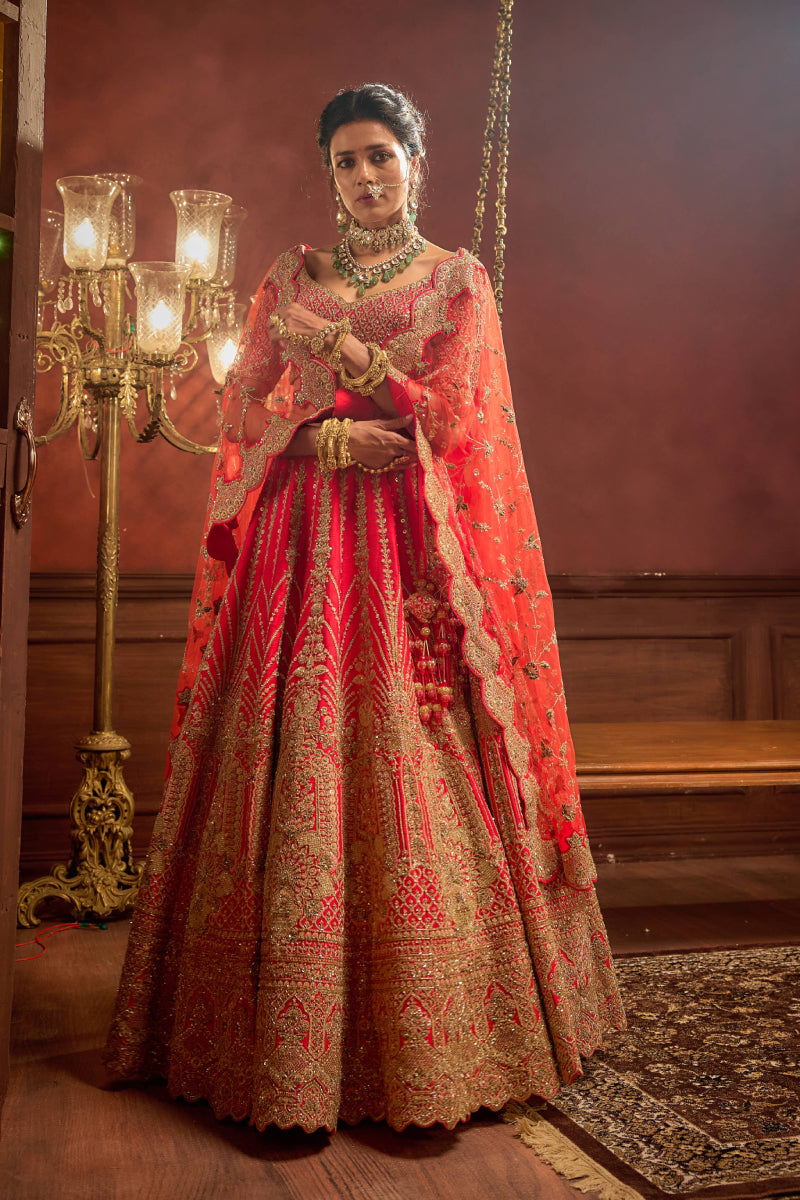Rani Pink Raw Silk Hand & Machine Embroidered Lehenga Set
