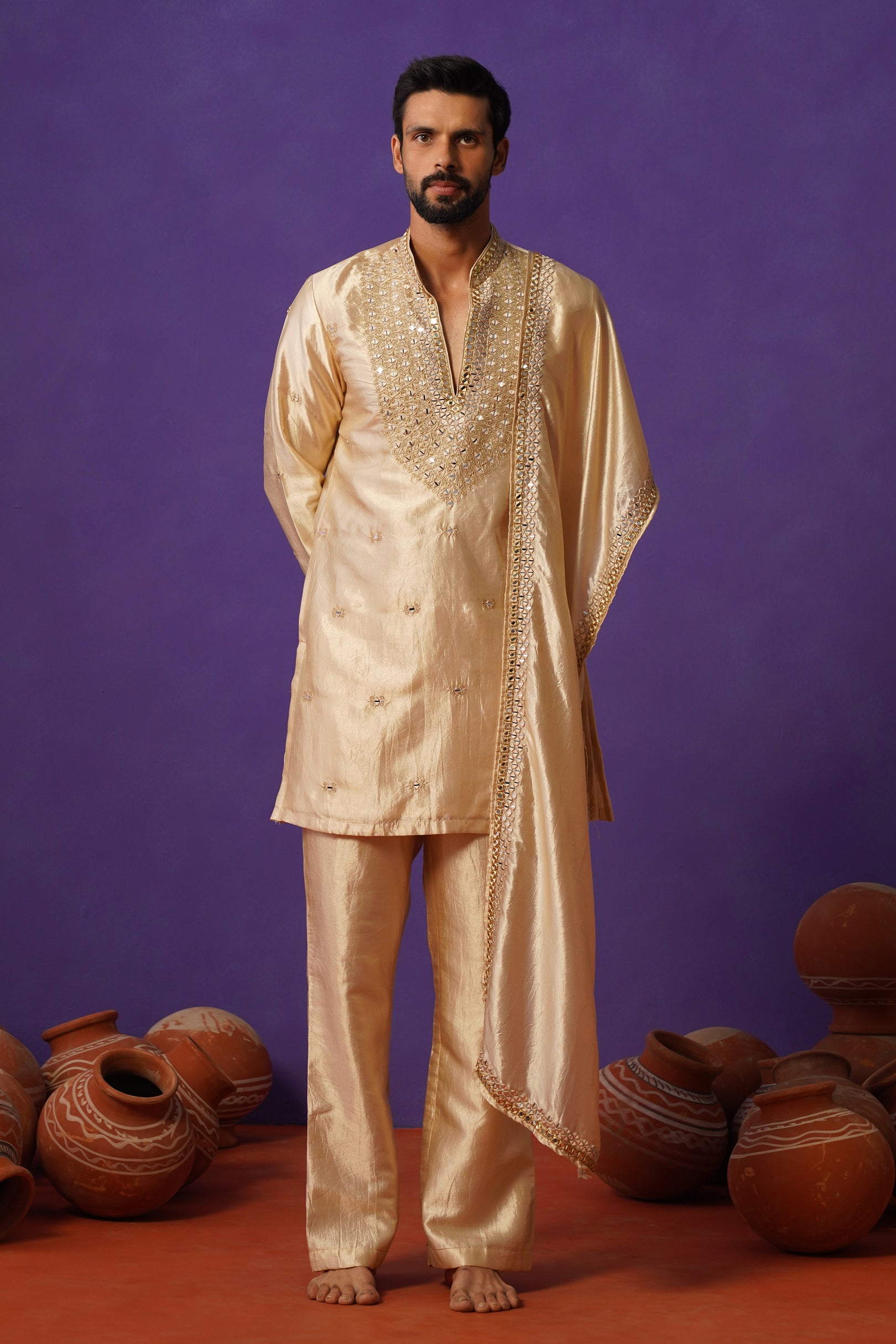 ZOHAYR BEIGE V-NECK MIRROR KURTA DUPATTA SET