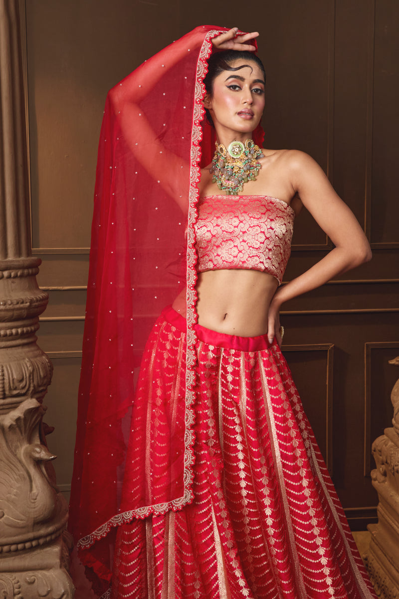 Red Banarsi Silk Lehenga