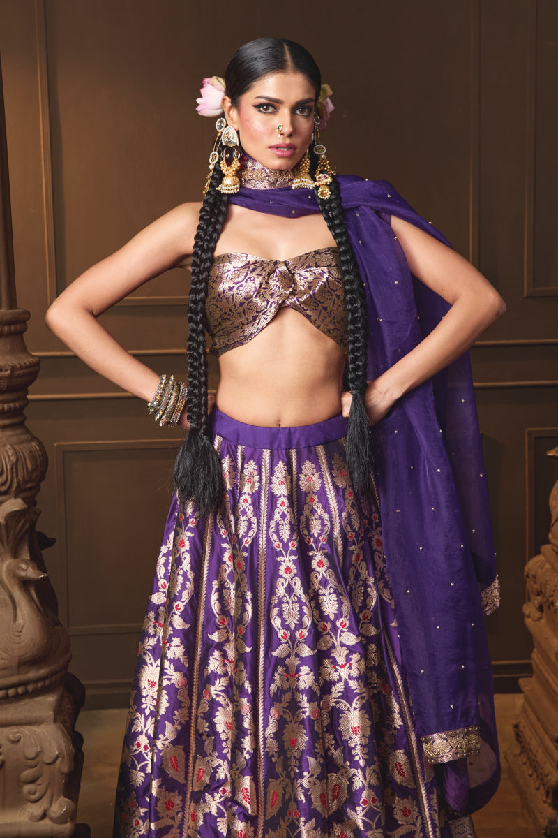 Purple Banarsi Silk Minakari Lehenga