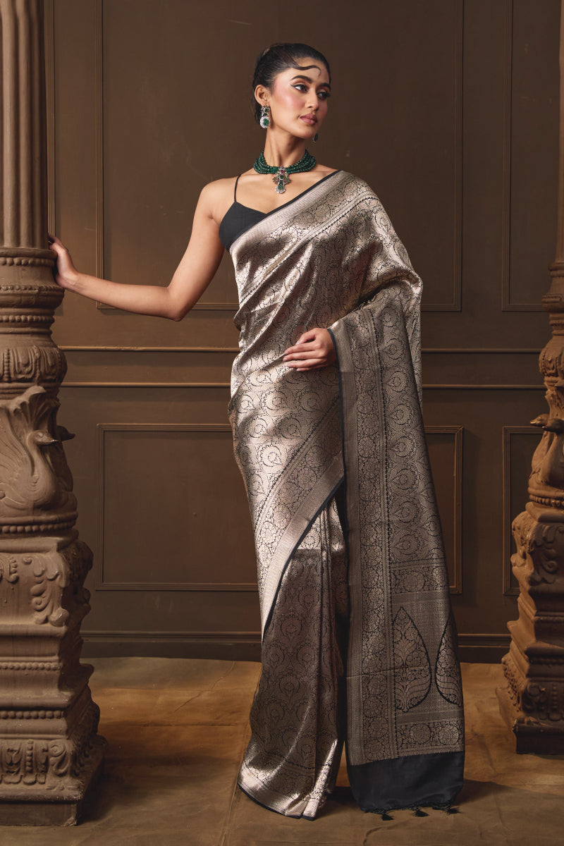 Black Banarsi Brocade Silk Saree