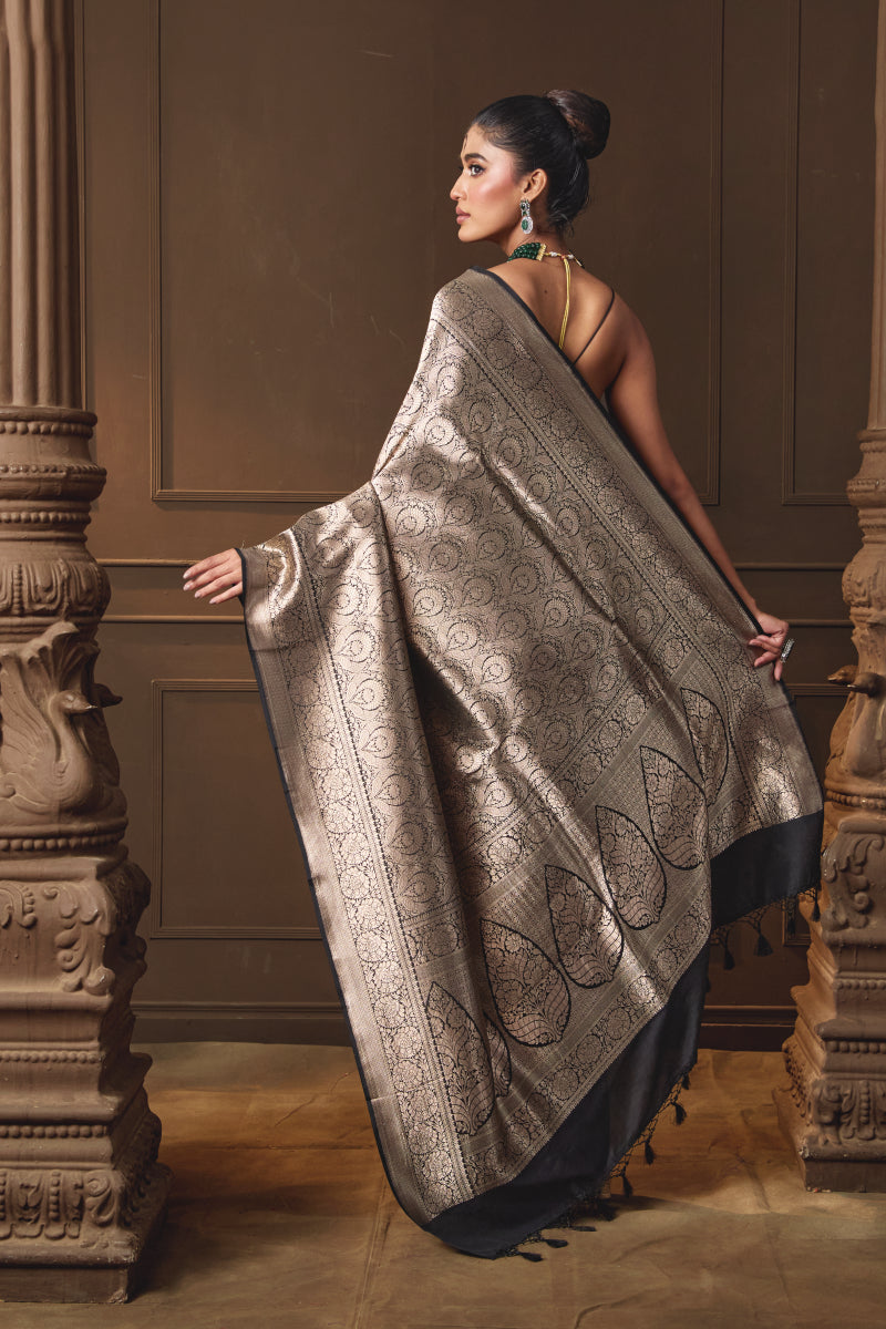 Black Banarsi Brocade Silk Saree