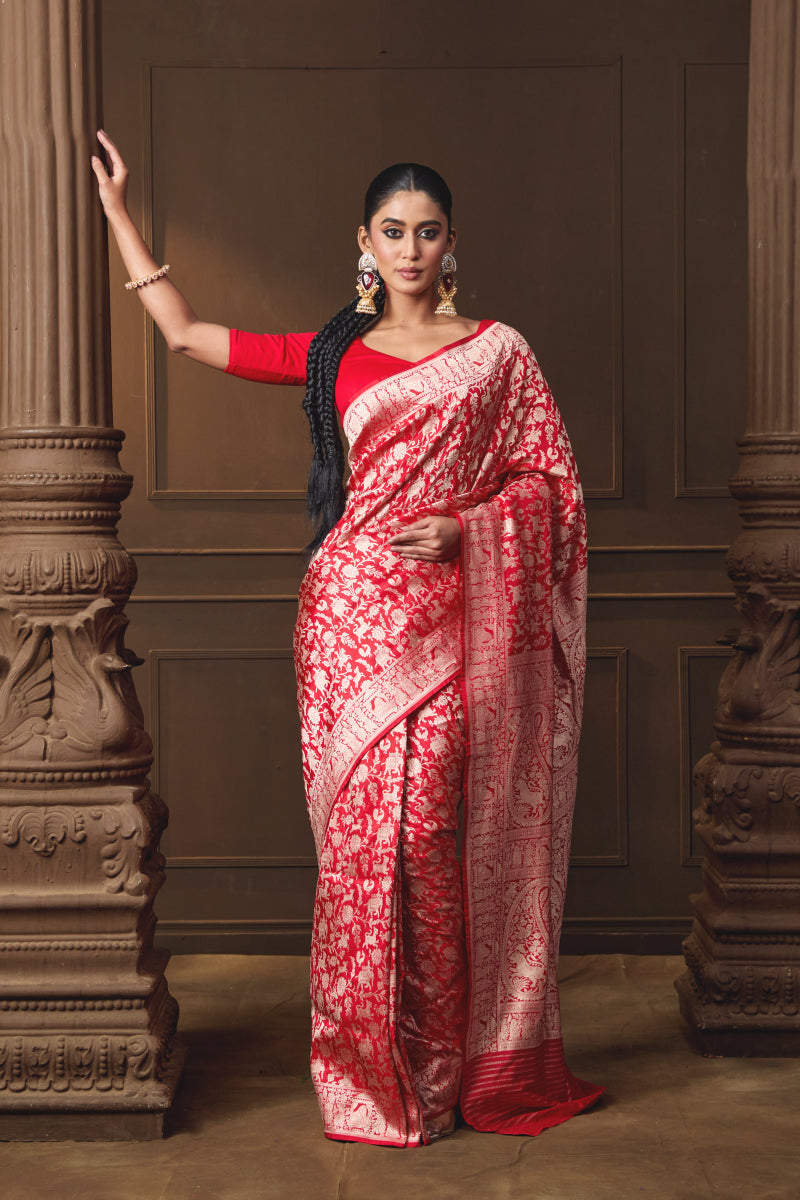 Red Shikargah Silk Saree