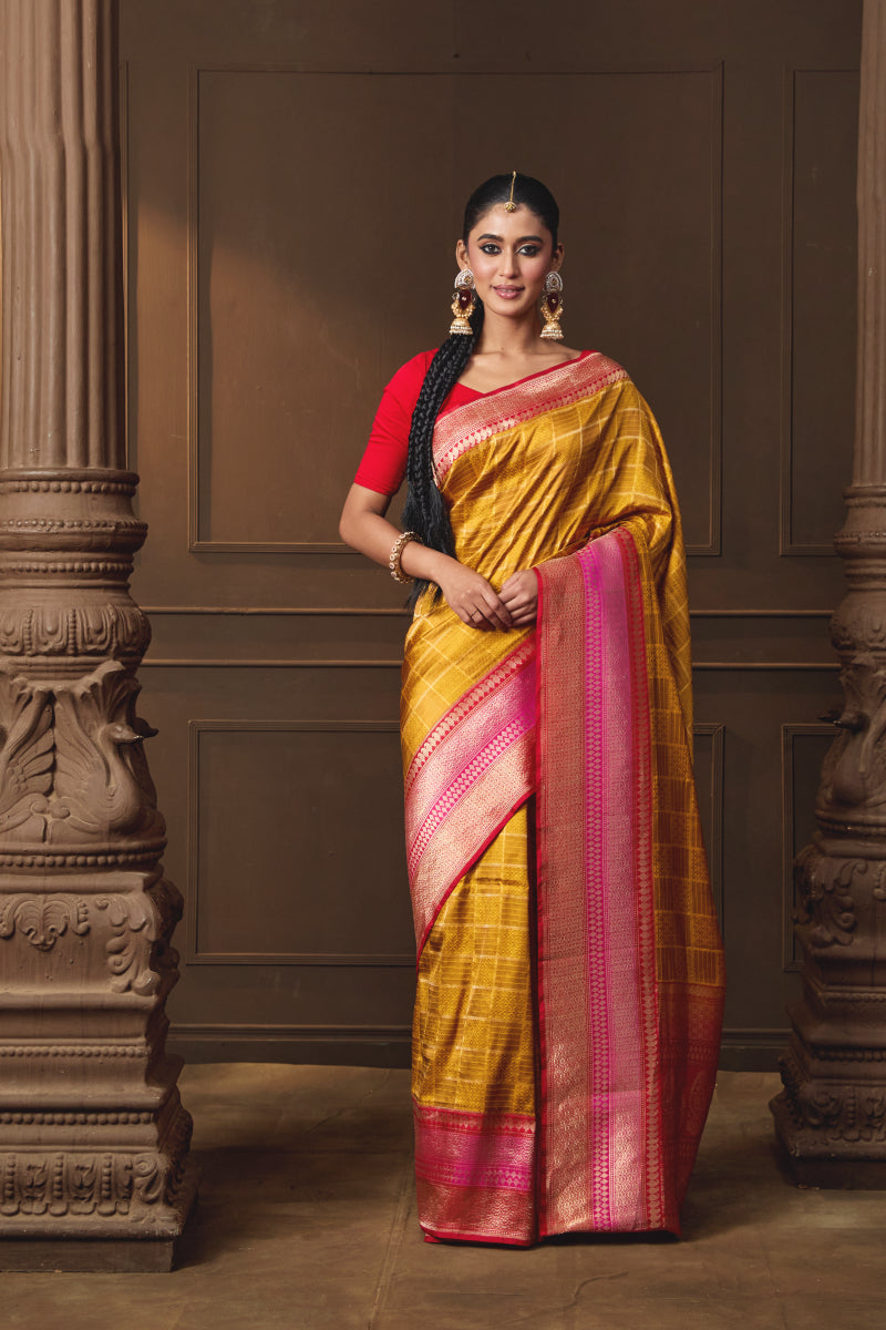 Yellow Geometric Woven Silk Saree