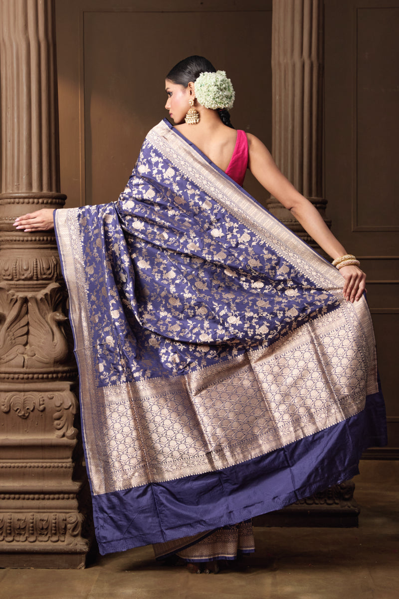 Blue Banarsi Silk Jaal Saree