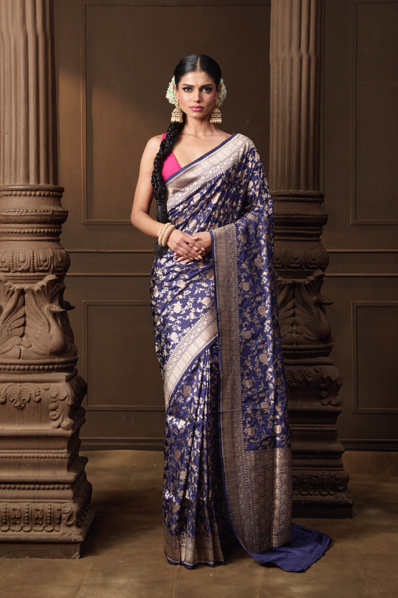 Blue Banarsi Silk Jaal Saree