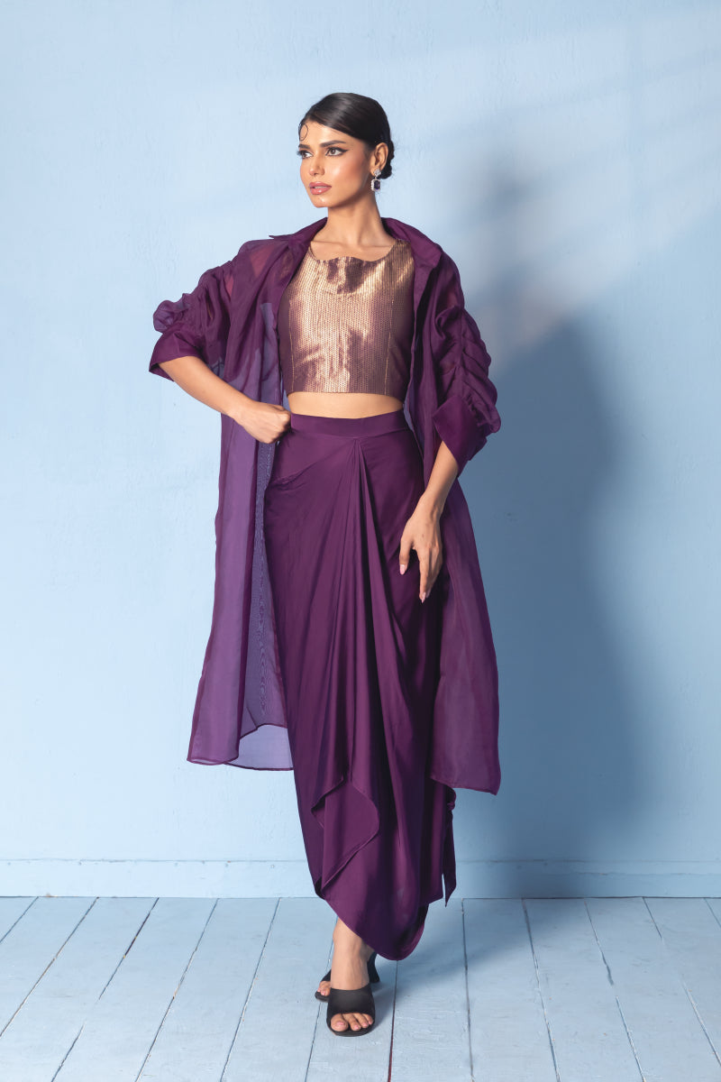 Brocade Corset Top, Satin Drape Skirt, Organza Jacket