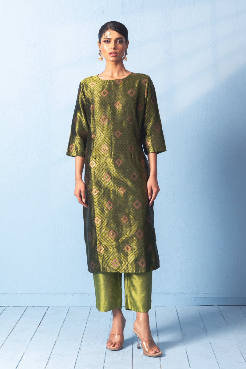 Green Tanchoi Silk Kurta With Raw Silk Pants