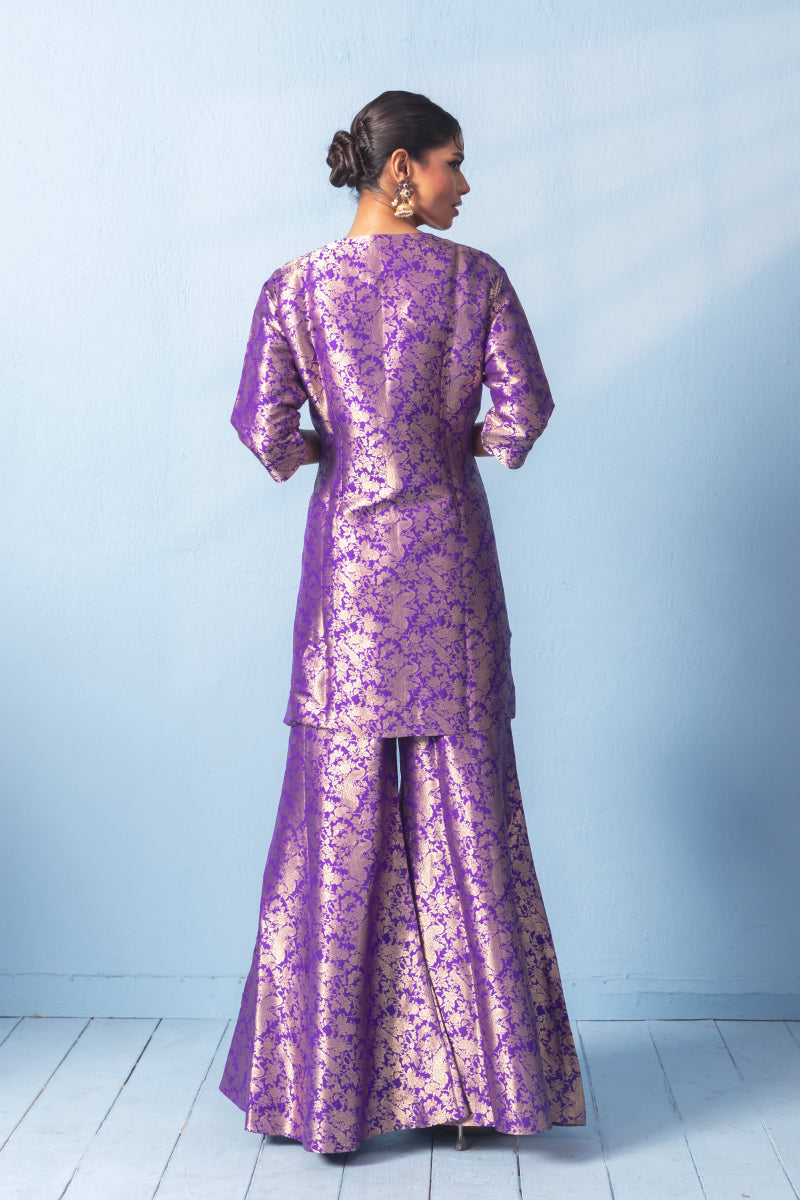 Purple Shikargah Banarsi Silk Kurta Sharara Set With Organza Duppatta