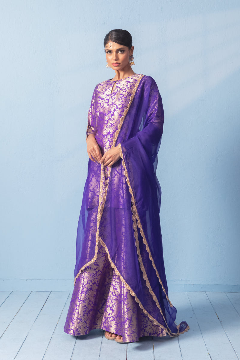 Purple Shikargah Banarsi Silk Kurta Sharara Set With Organza Duppatta