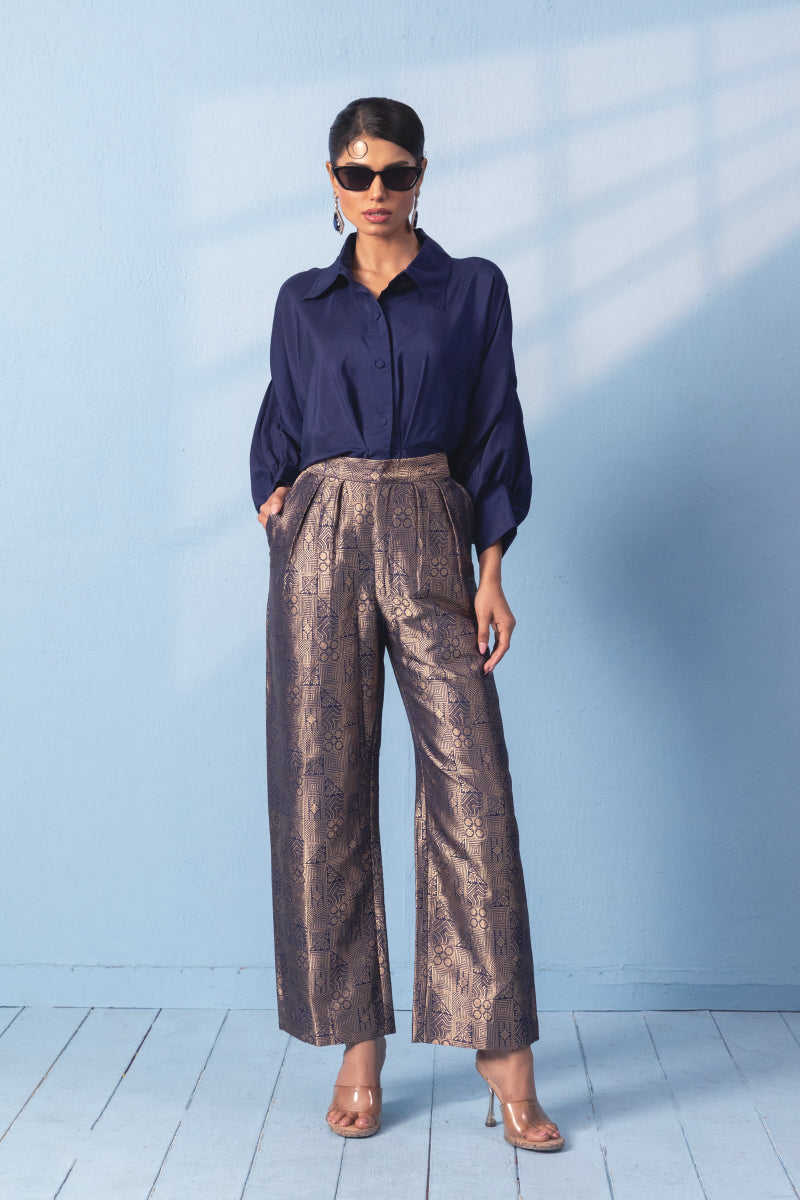 Blue Silk Shirt With Brocade Pant