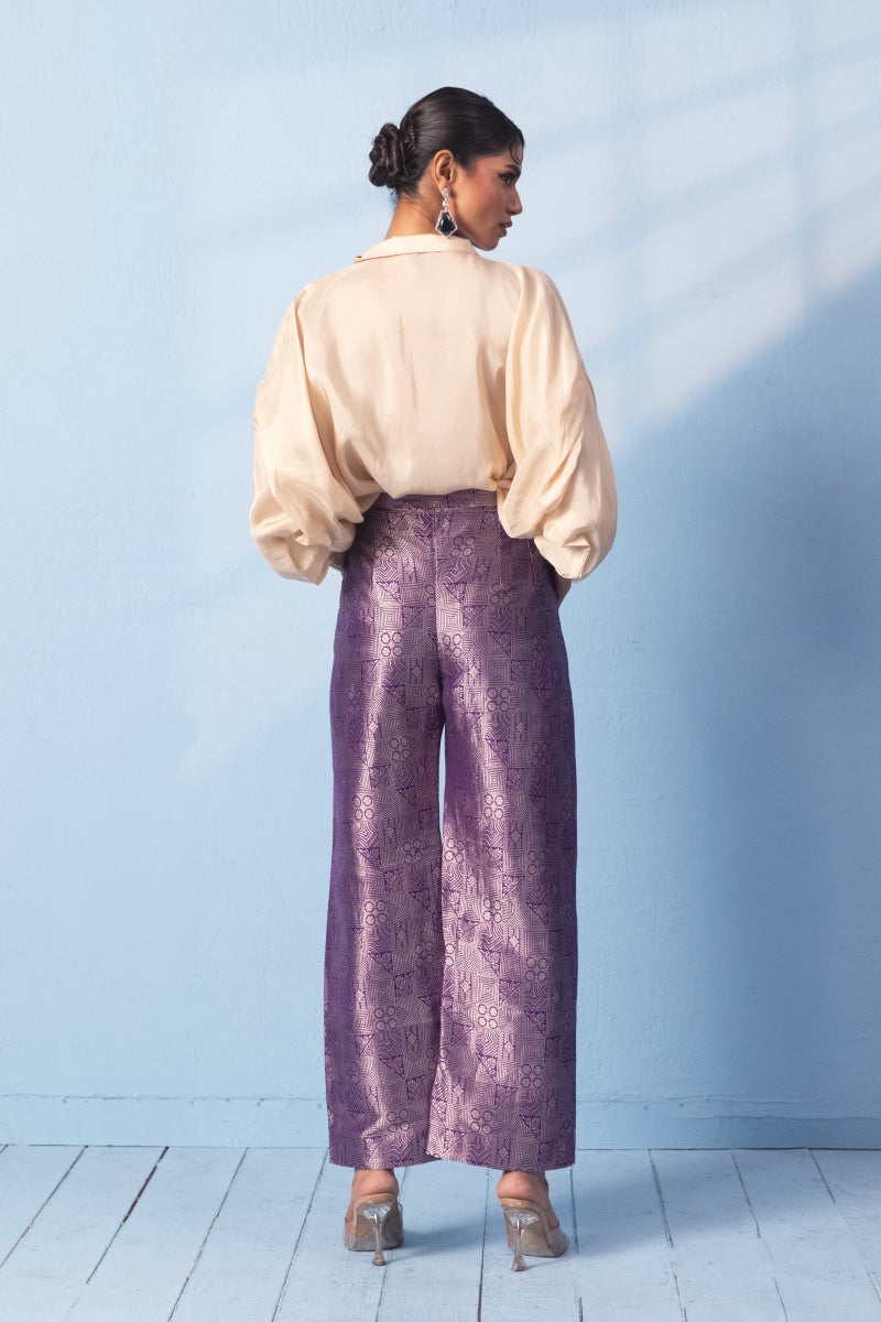White Silk Shirt With Purple Brocade Pant