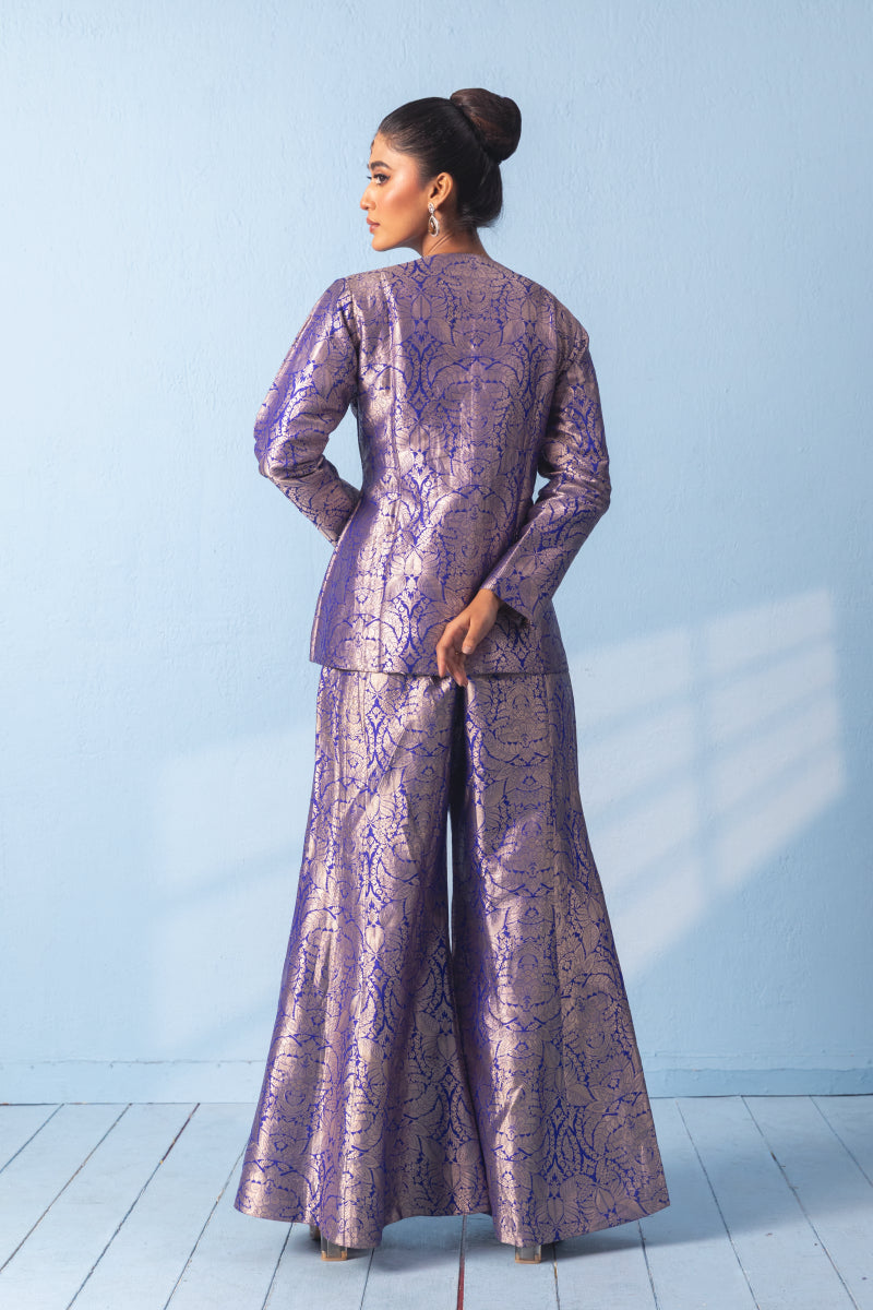 Blue Brocade Blazer With Garara Pants