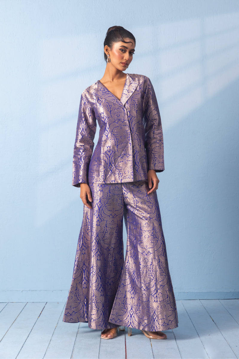 Blue Brocade Blazer With Garara Pants