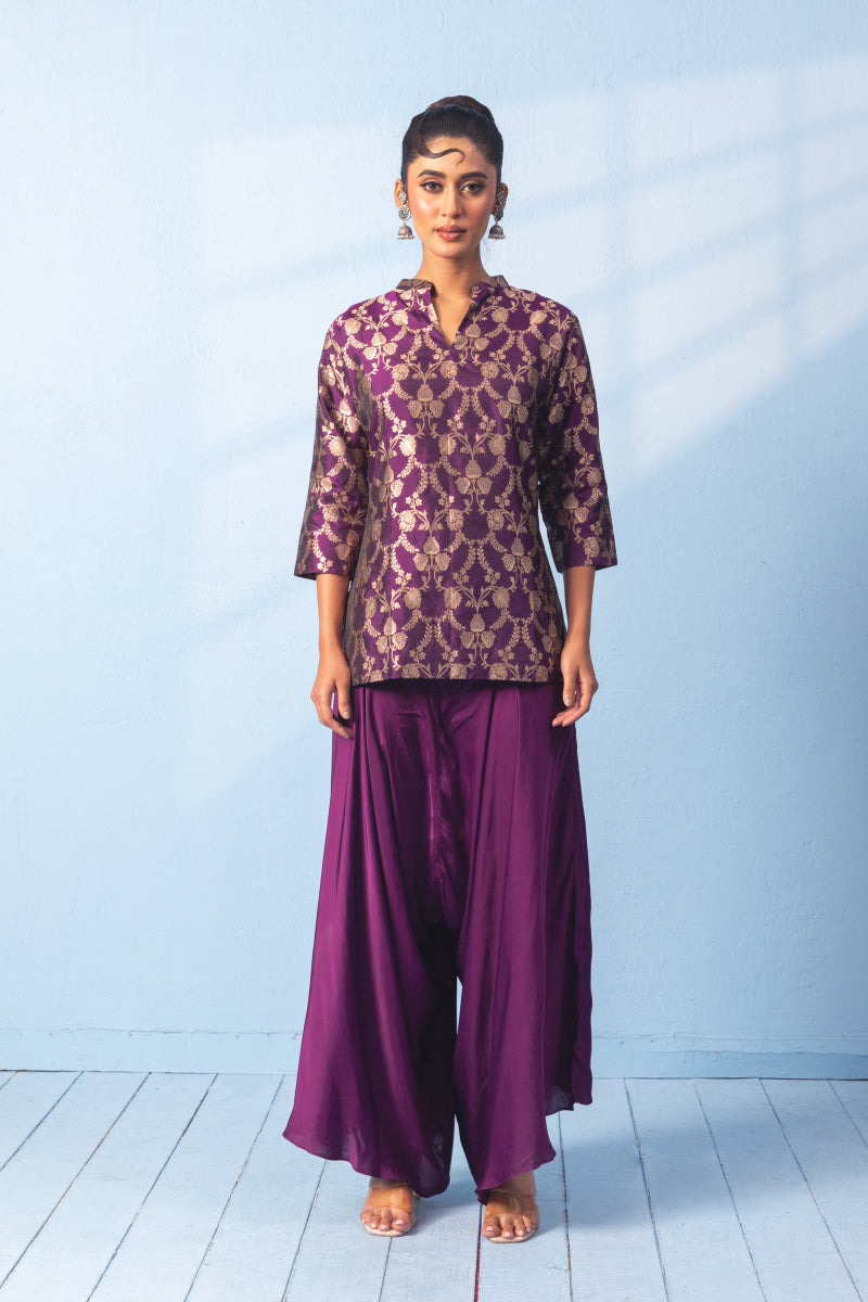Purple Banarsi Silk Kurta With Draped Pants