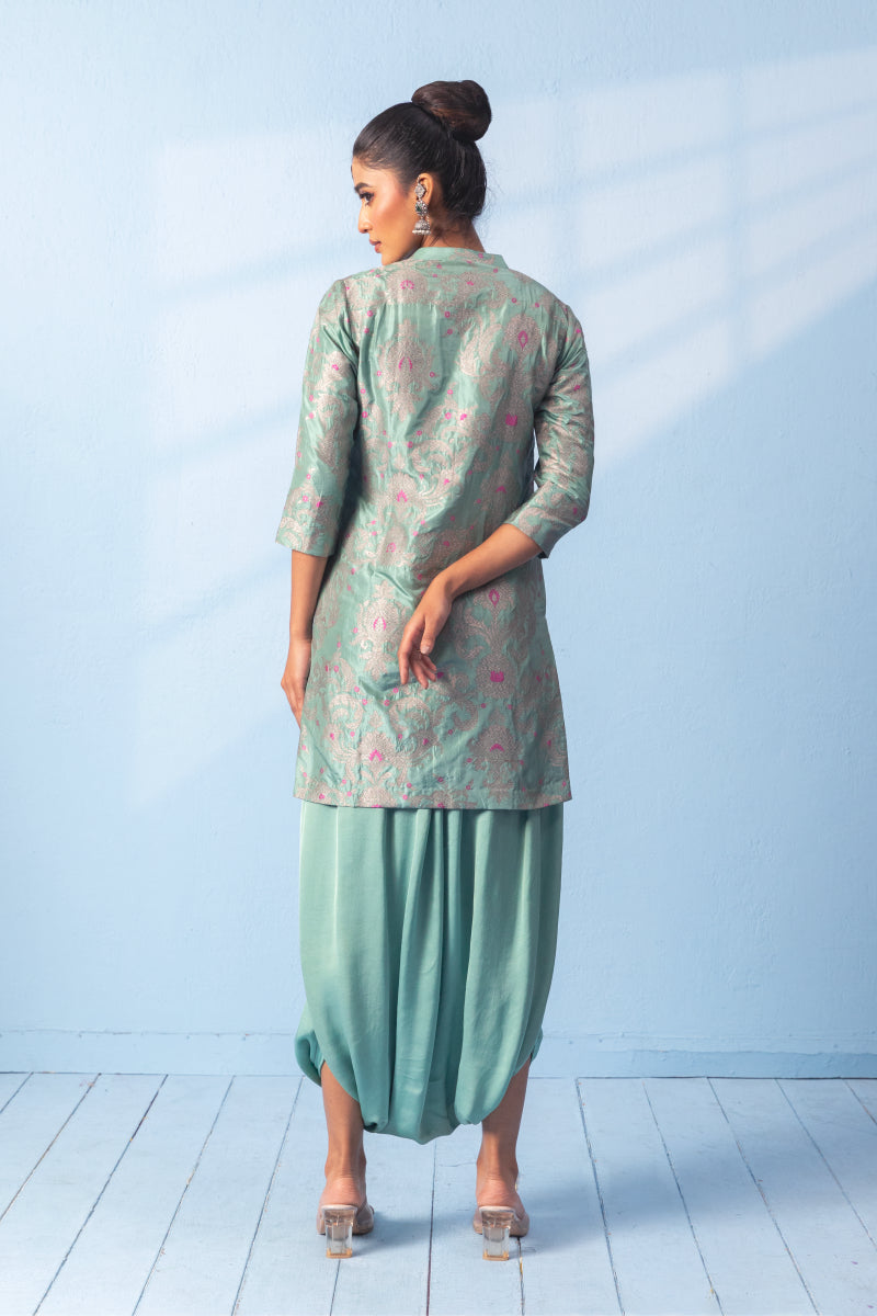 Sea Green Blue Dhoti With Banarsi Silk Kurta