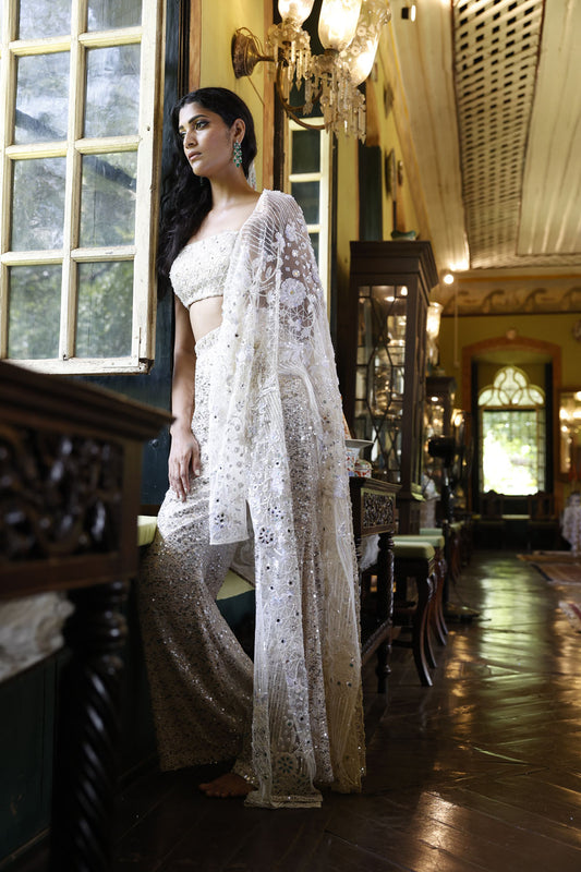 Ivory Embroidered Cape with Bustier and Bell Bottom Pants