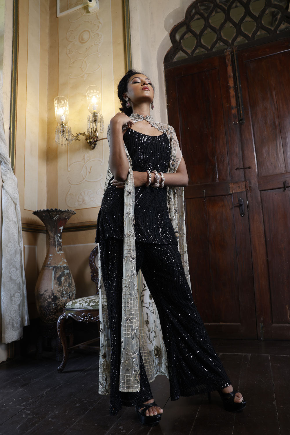 Black Sequins Top with Flared Pants and Embroidered Shoulder Cape