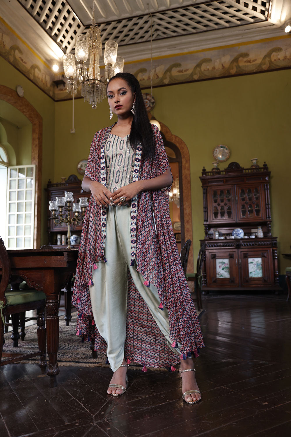 Printed Cape with Pre-Embroidered Singlet and Salwar Pants