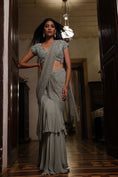 Load image into Gallery viewer, Sage Layered Saree with Mesh Drape and Choli
