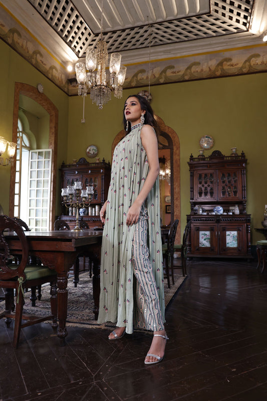 Sage Gathered Kurta with Embroidered Bustier and Pant