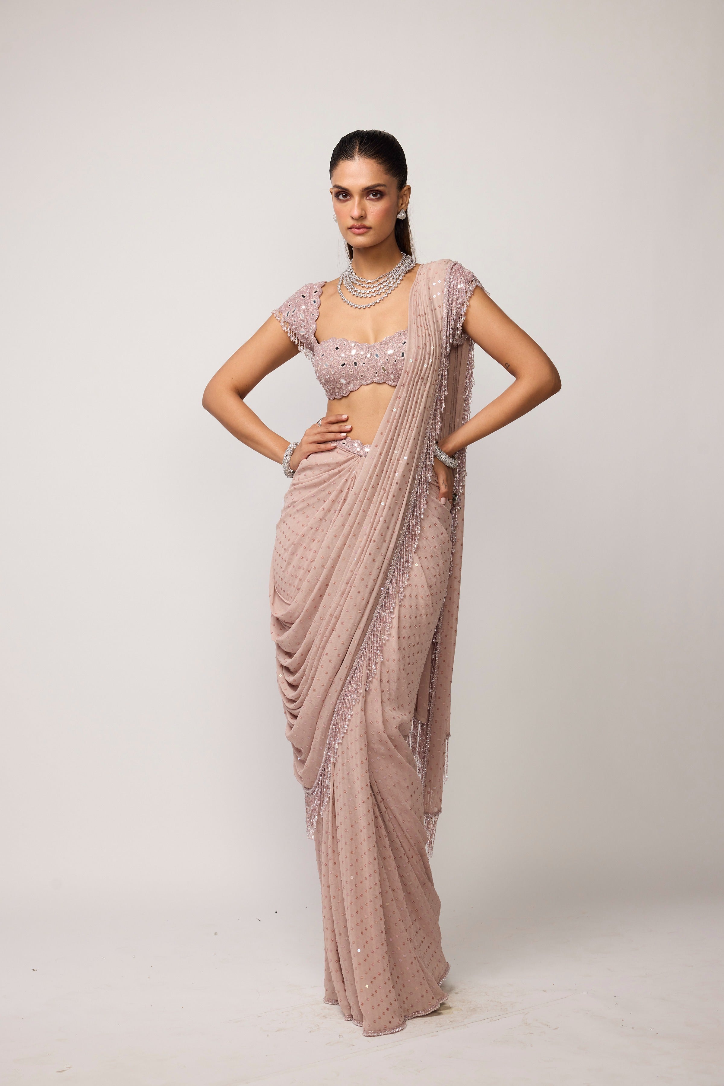 Ash Pink Sequins Embroidered Draped Saree Set